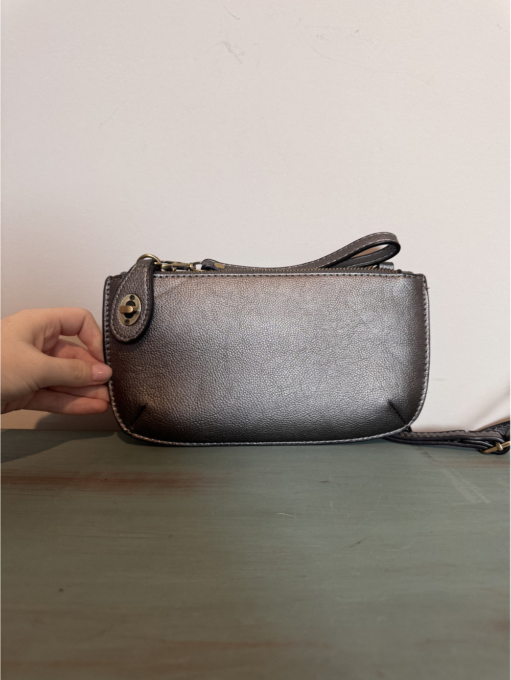 JOY Susan Quilted Mini Crossbody Wristlet Clutch in Pewter Metallic Gray